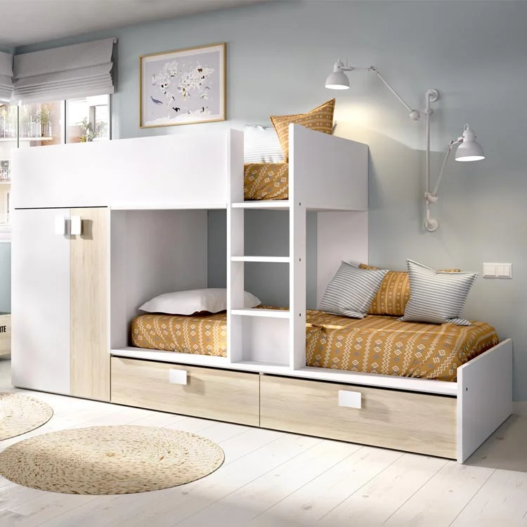 Letto a soppalco in metallo per bambini - 140 x 200 cm - con armadio + ripiani + scale - legno Letto a soppalco in metallo per bambini - 140 x 200 cm - con armadio + ripiani + scale - legno