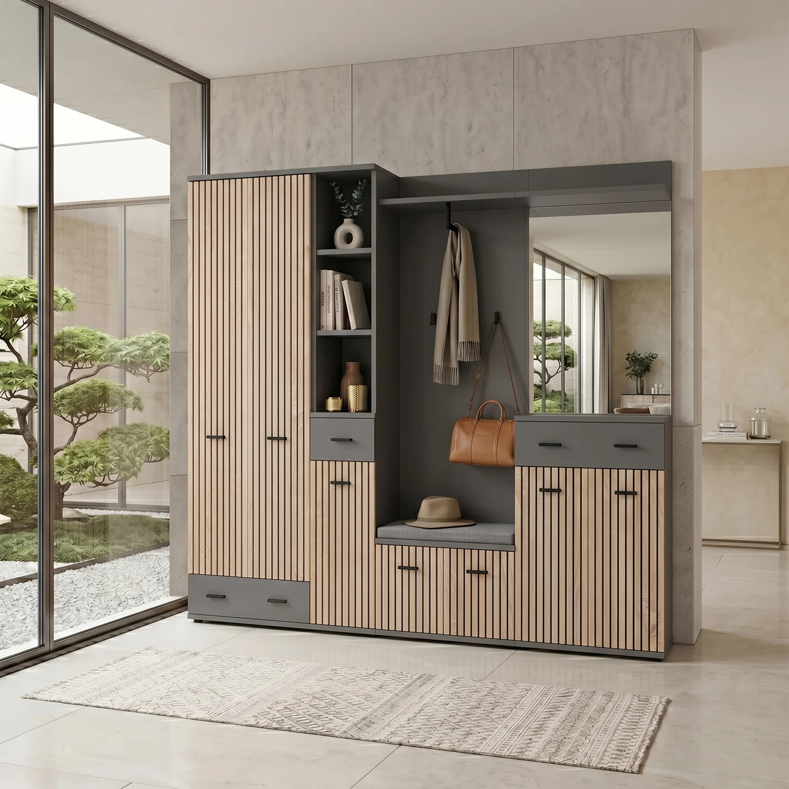 Armadio multiuso ingresso 60x203h cm 2 ante stampa a righe rovere rustico antracite California Gihome®