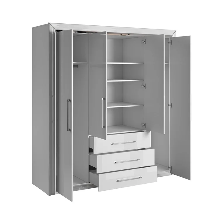 Armadio 199x214h cm 4 ante battenti 3 cassetti moderno bianco Benz