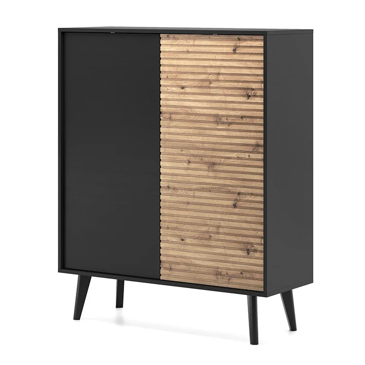Credenza alta 104x125h cm 2 ante moderna rovere cannettato nero Tonk