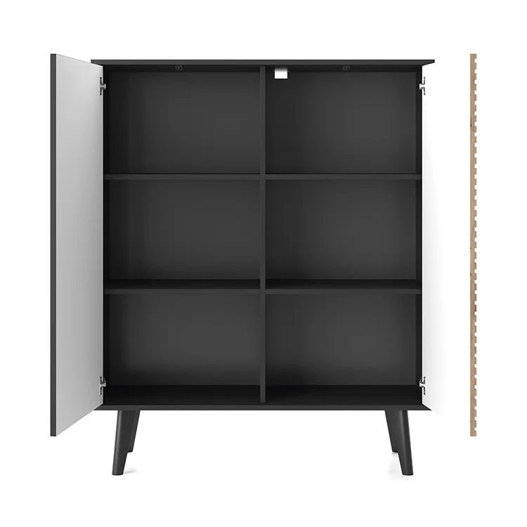 Credenza alta 104x125h cm 2 ante moderna rovere cannettato nero Tonk