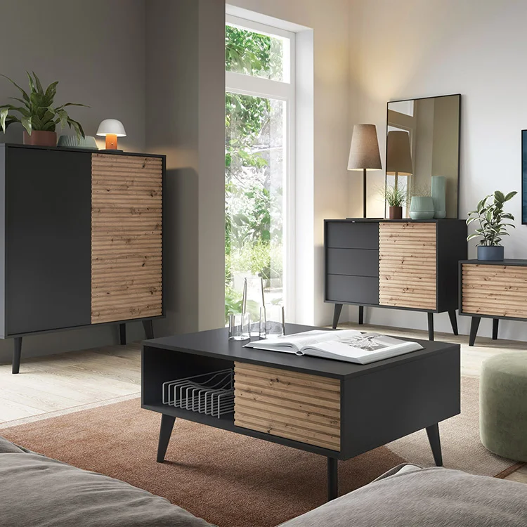 Credenza alta 104x125h cm 2 ante moderna rovere cannettato nero Tonk