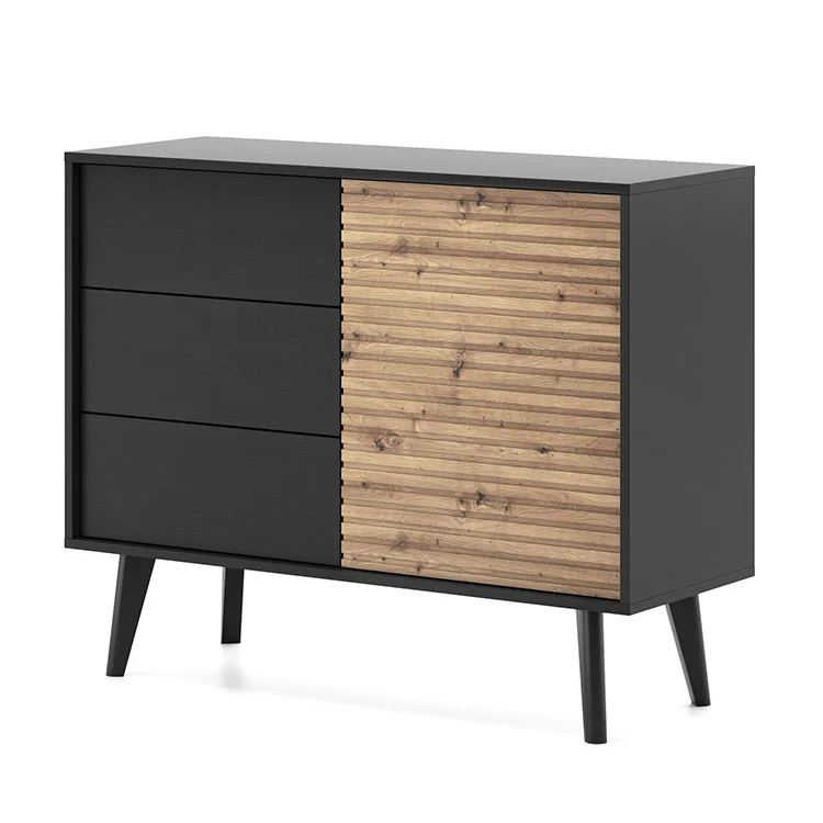 Madia 104x83h cm 3 cassetti moderna rovere cannettato nero Tonk