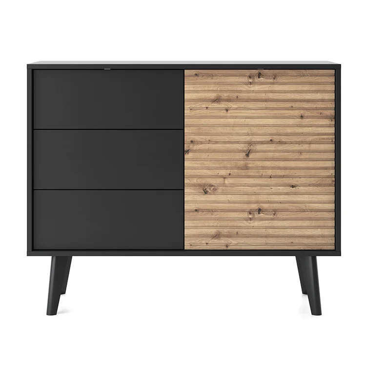 Madia 104x83h cm 3 cassetti moderna rovere cannettato nero Tonk