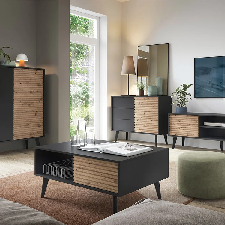 Madia 104x83h cm 3 cassetti moderna rovere cannettato nero Tonk
