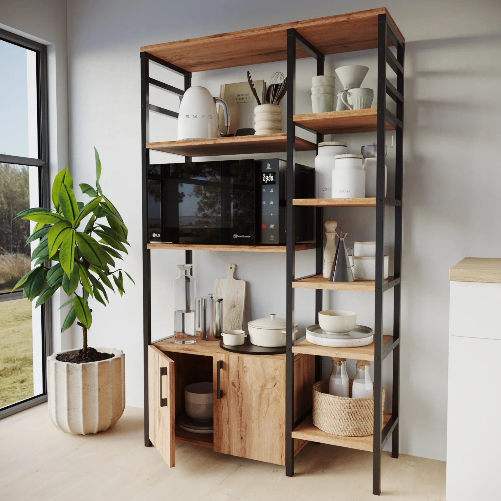 Scaffale cucina 84x141h cm 2 ante 8 ripiani industrial metallo rovere rustico Loft