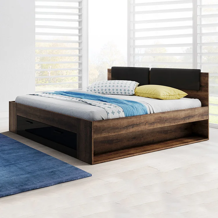 Letto alla francese 140x200cm con cassettone  rovere scuro nero lucido Cortina Gihome®