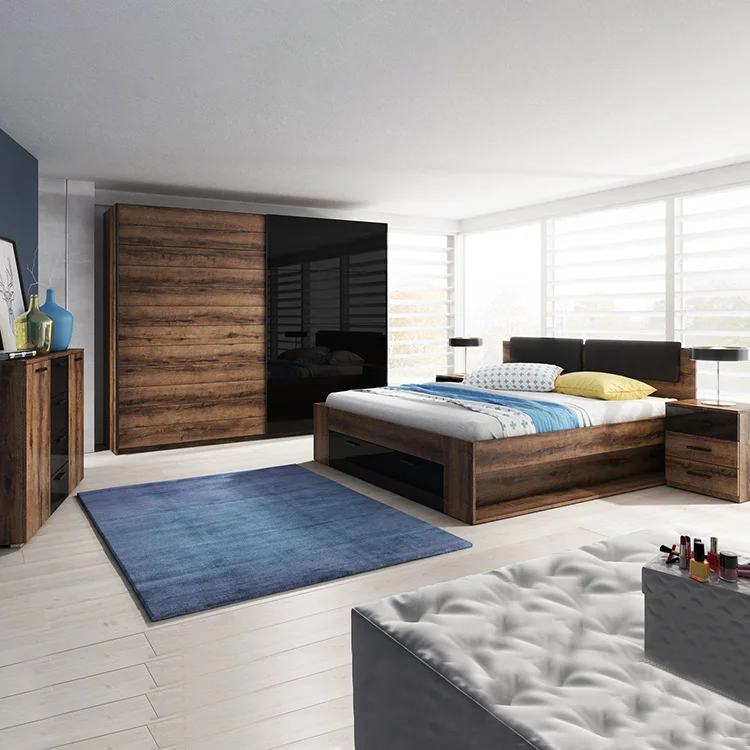 Letto alla francese 140x200cm con cassettone  rovere scuro nero lucido Cortina Gihome®