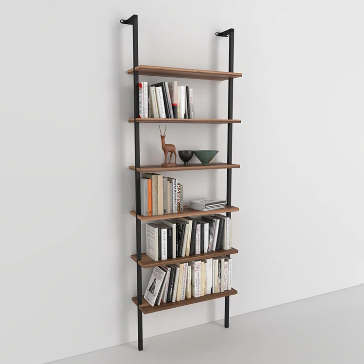 Libreria da parete 60x183h cm con ripiani  industrial  noce metallo nero Biak