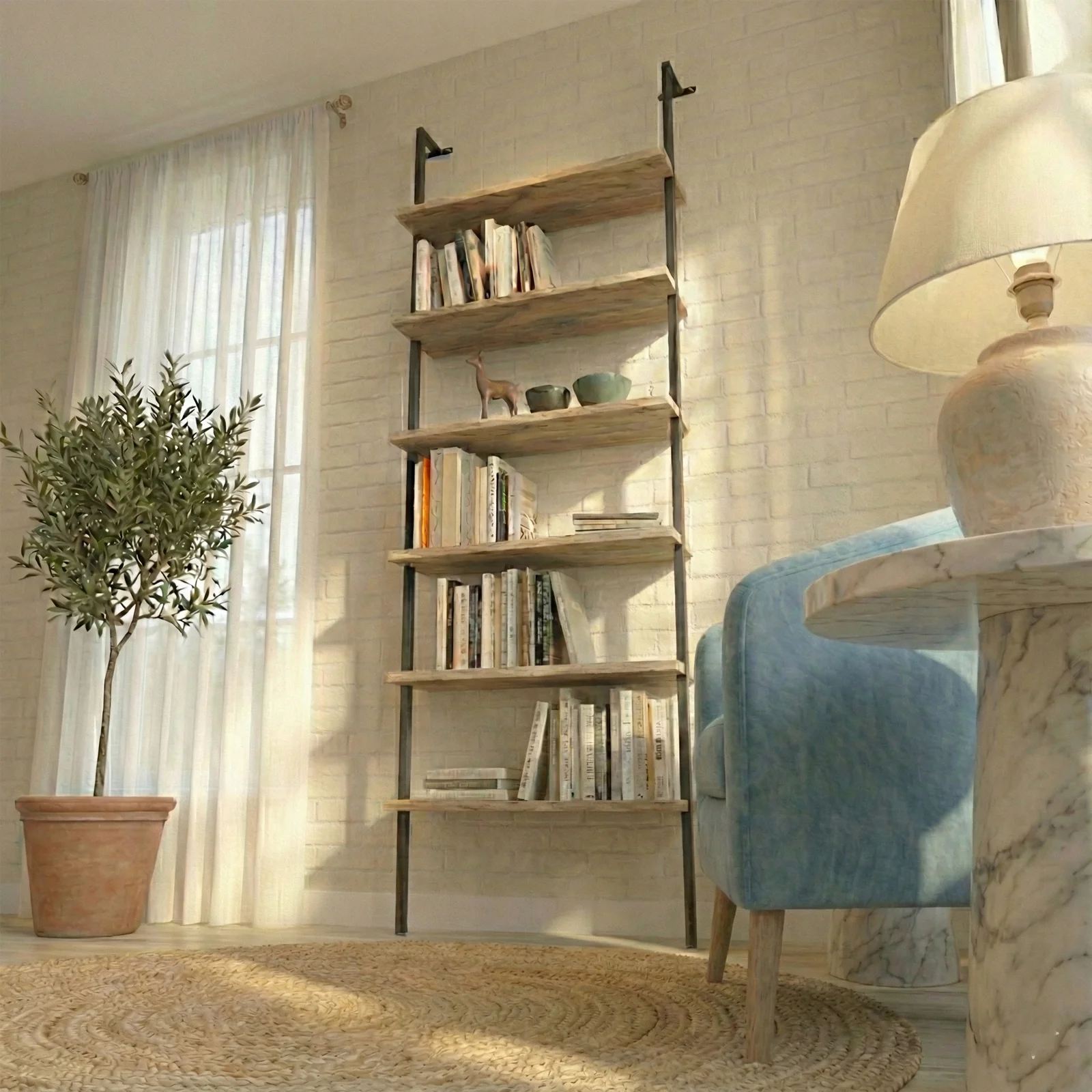 Libreria da parete 72x181h cm 6 ripiani industrial rovere metallo nero Biak