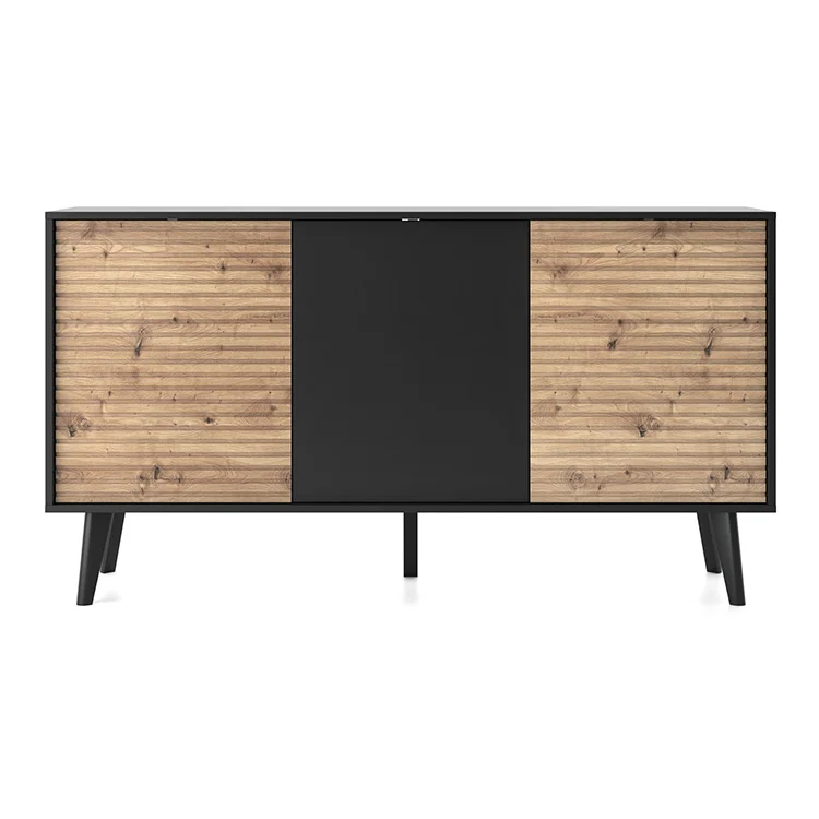 Madia 154x83h cm 3 ante soggiorno design rovere cannettato nero Tonk