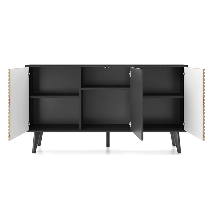 Madia 154x83h cm 3 ante soggiorno design rovere cannettato nero Tonk
