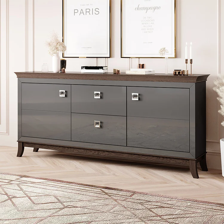 Madia 180x92h cm 2 ante 2 cassetti  design moderno antracite lucido rovere scuro Umag