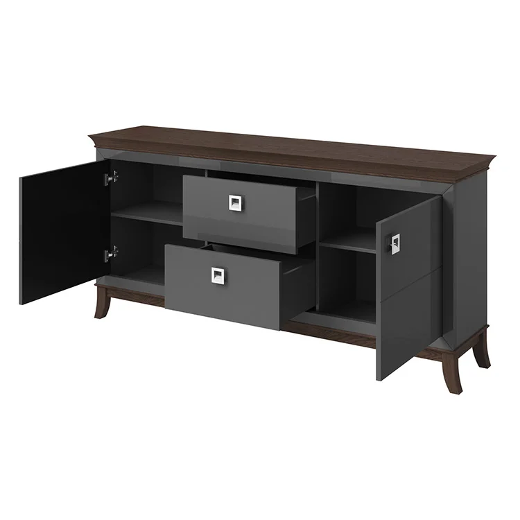 Madia 180x92h cm 2 ante 2 cassetti  design moderno antracite lucido rovere scuro Umag