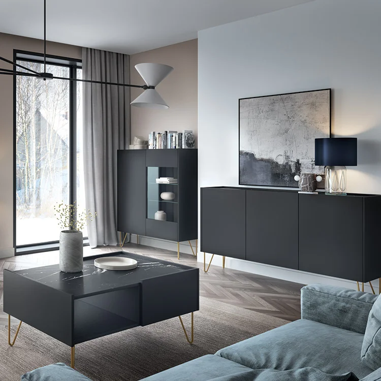 Madia 144x83h cm moderna sogggiorno nero effetto marmo Sirena