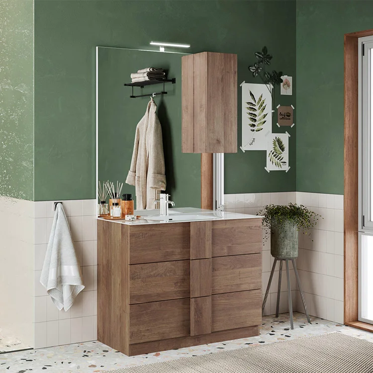 Mobile bagno a terra 100cm con lavabo e specchio rovere Alvarez
