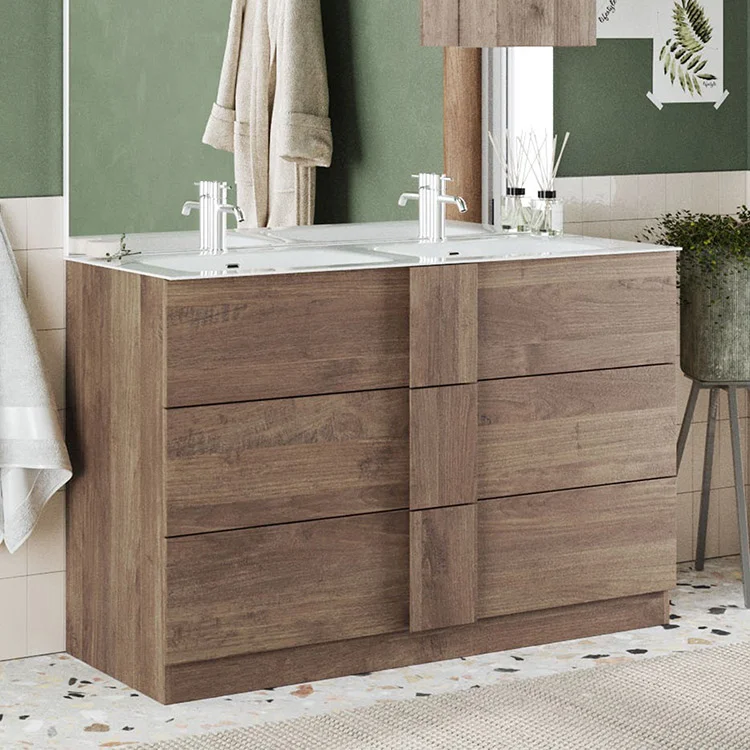 Mobile bagno a terra 120cm con doppio lavabo 3 cassetti rovere Alvarez