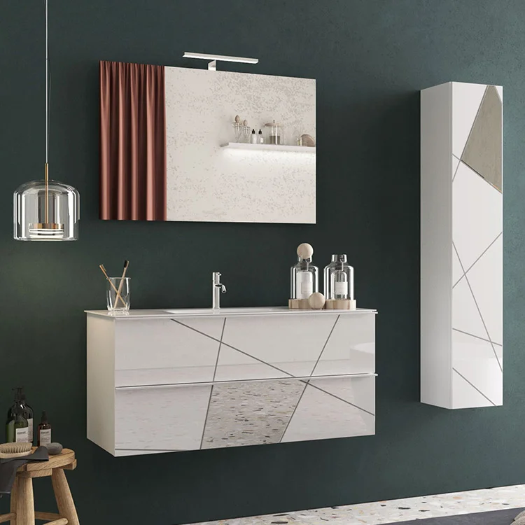 Mobile bagno sospeso 100cm con lavabo e specchio bianco lucido specchi Olimpo
