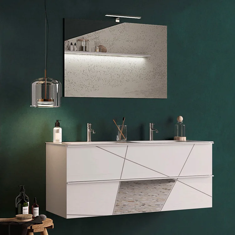 Mobile bagno sospeso 120cm con doppio lavabo e specchio bianco lucido specchi Olimpo