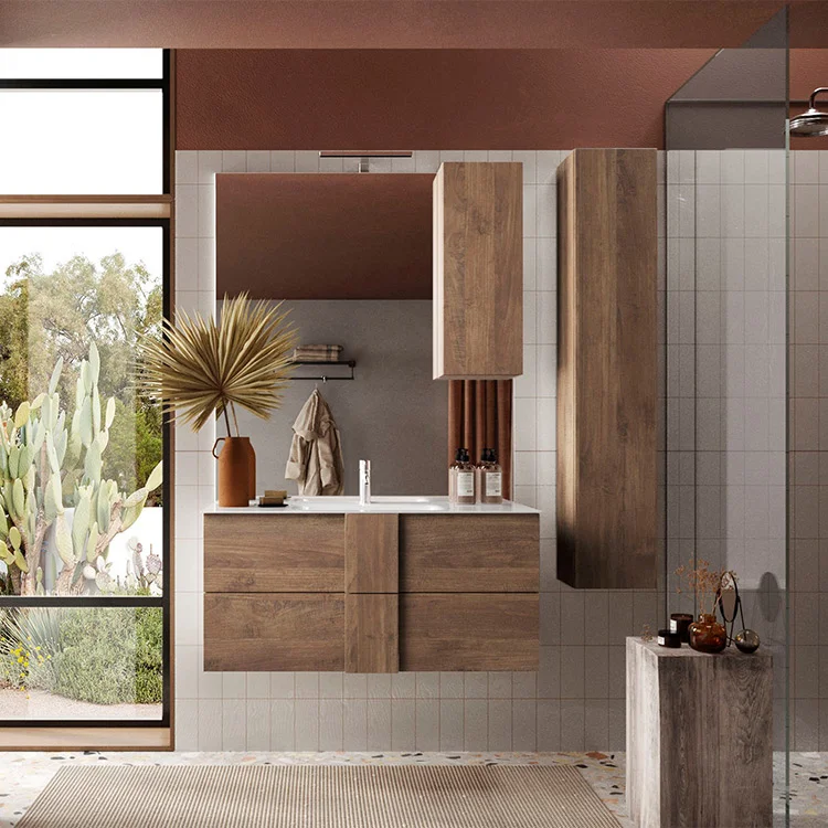 Mobile bagno sospeso 100cm con lavabo e specchio rovere Alvarez