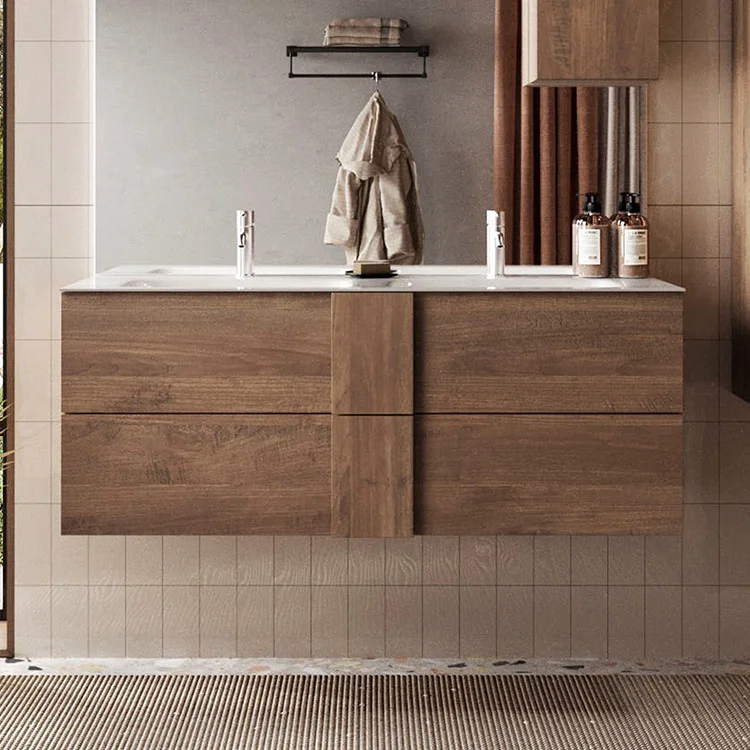 Mobile bagno sospeso 120cm con doppio lavabo 2 cassetti rovere Alvarez