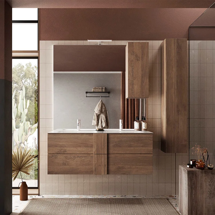 Mobile bagno sospeso 120cm con doppio lavabo 2 cassetti rovere Alvarez