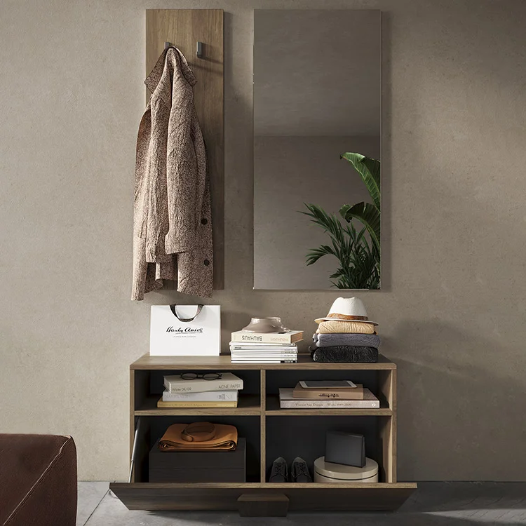Mobile ingresso 91x174h cm con scarpiera e specchio moderno rovere scuro Alvarez
