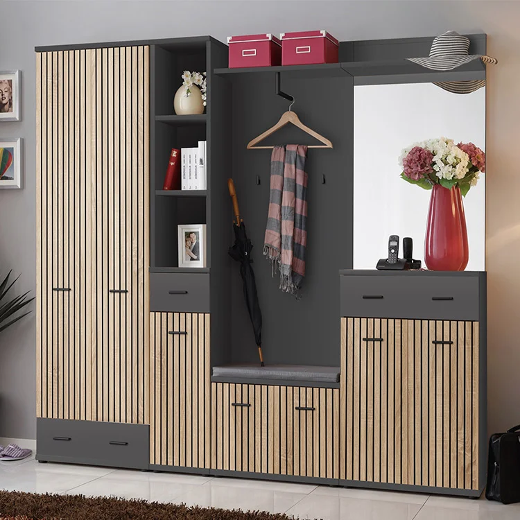 Mobile ingresso 210x203h cm con specchio rovere antracite stampa a righe California Gihome®