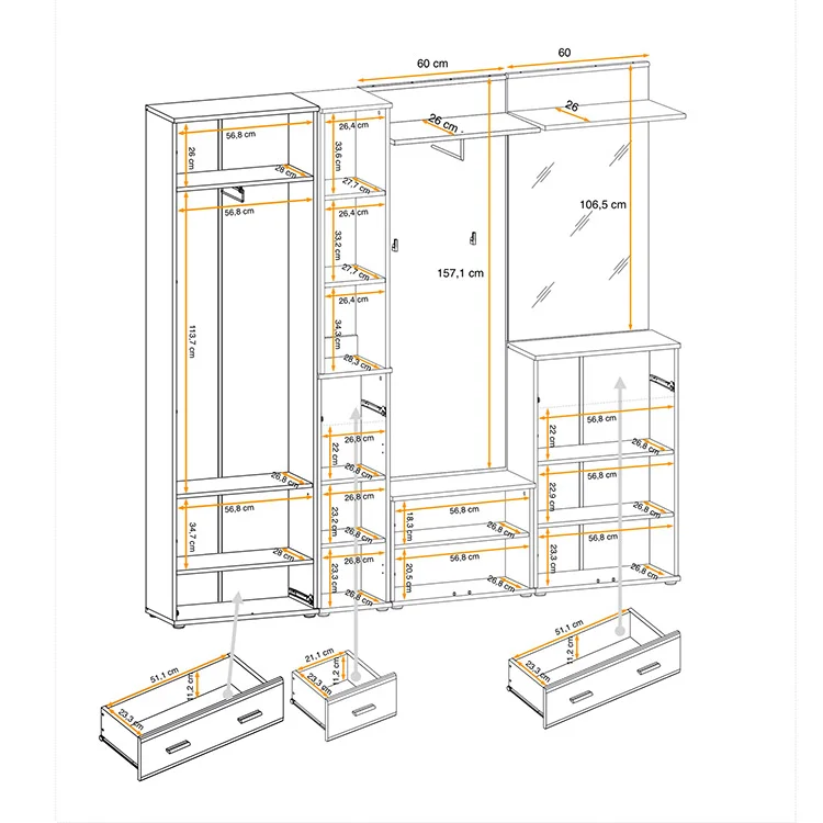 Mobile ingresso 210x203h cm con specchio rovere antracite stampa a righe California Gihome®