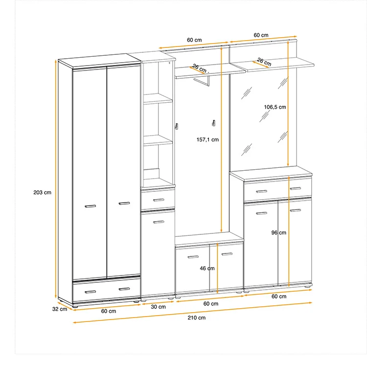 Mobile ingresso 210x203h cm con specchio rovere antracite stampa a righe California Gihome®