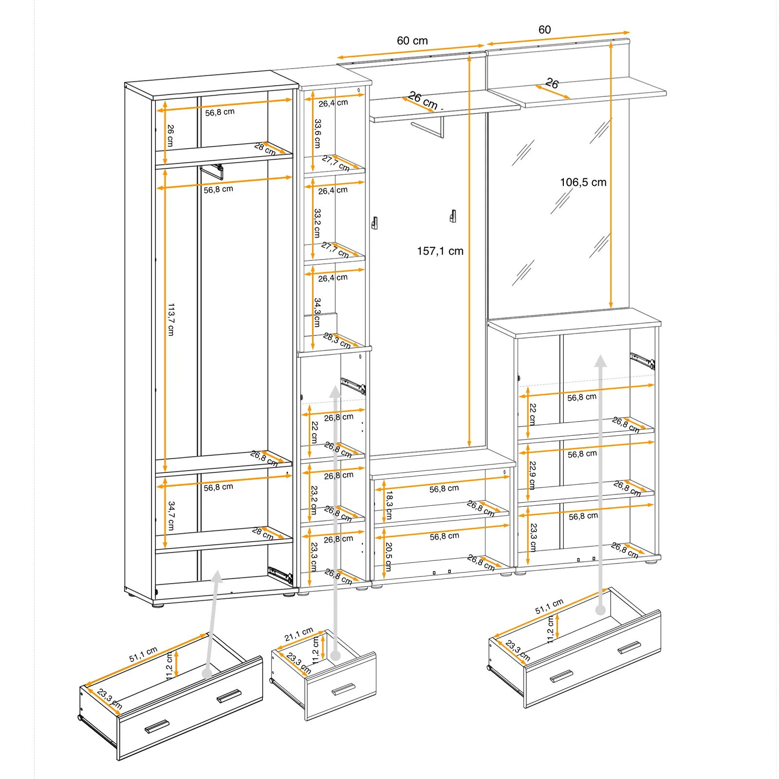 Mobile ingresso 210x203h cm con specchio e appendiabiti rovere rustico antracite stampa a righe California 4 Gihome®