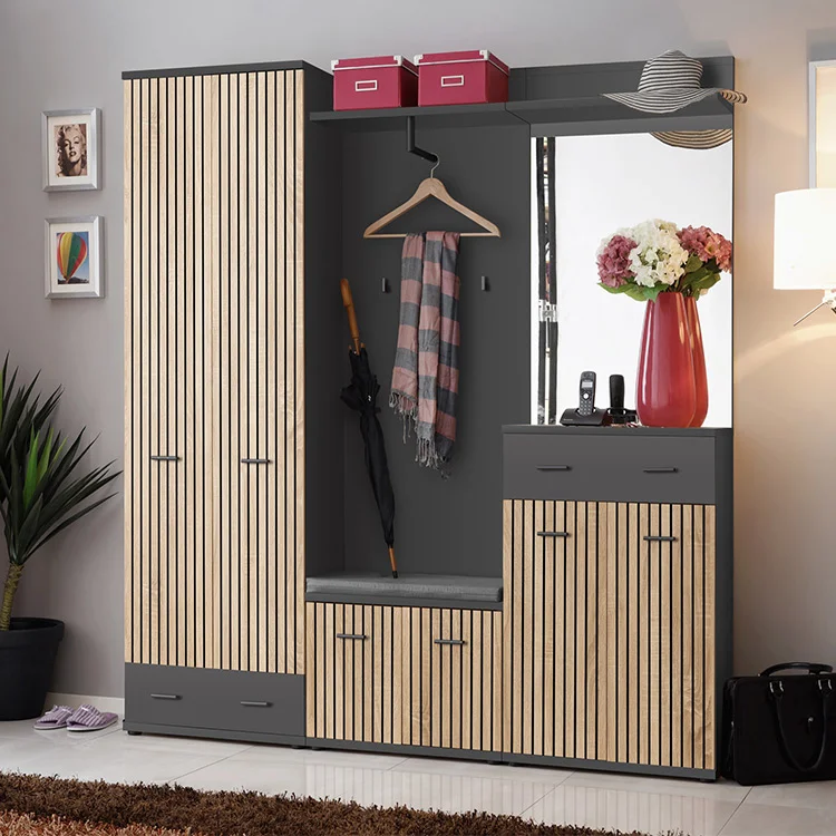 Mobile ingresso 180x203h cm con specchio moderno rovere antracite stampa a righe New York Gihome®