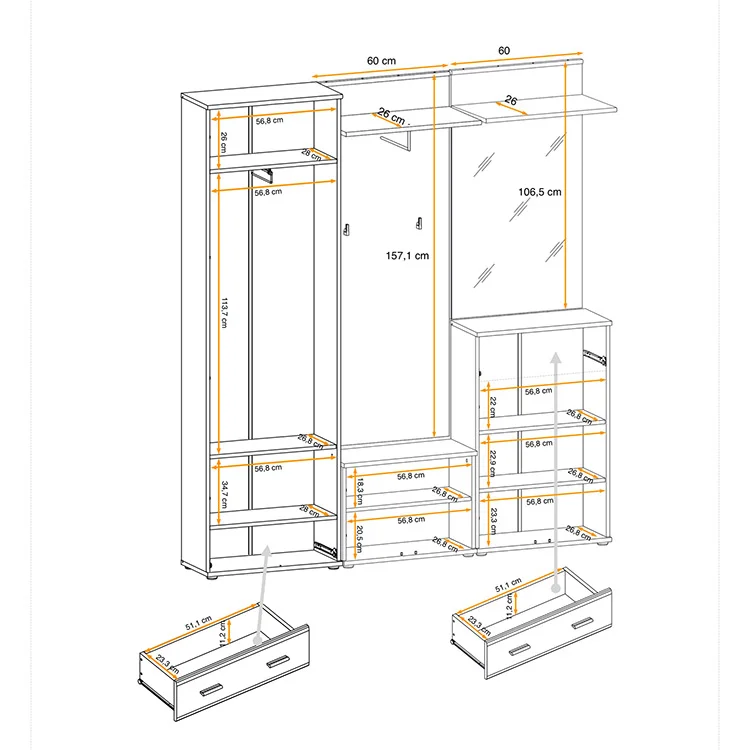 Mobile ingresso 180x203h cm con specchio moderno rovere antracite stampa a righe New York Gihome®