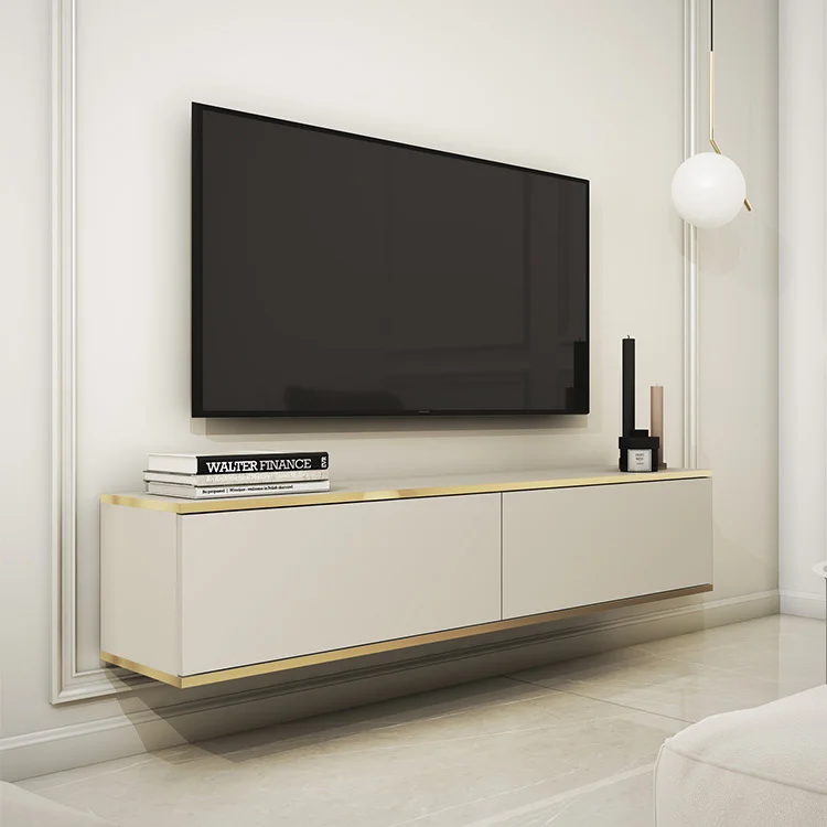 Mobile porta TV sospeso 135x30h cm 2 ante moderno beige oro Linus