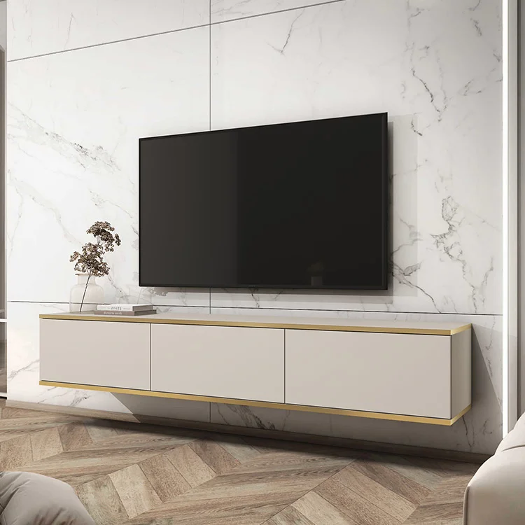 Mobile porta TV sospeso 175x3h 0cm 3 ante moderno beige oro Linus