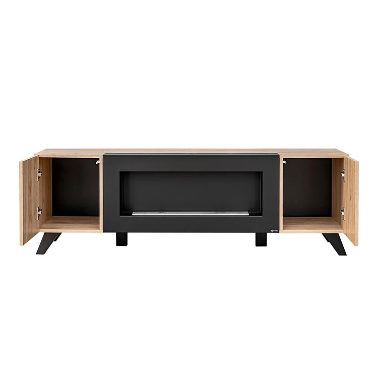 Mobile porta TV 160x52h cm 2 ante con biocamino noce con stampa nera Mendes