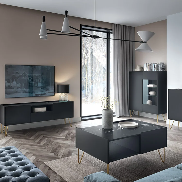 Mobile porta TV 144x55h cm soggiorno nero effetto marmo Sirena