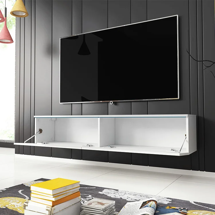 Mobile porta TV sospeso a 3 ante - 180 x 35 x 30 cm - LED - MDF e truciolare - Bianco e nero lucido Mobile porta TV sospeso a 3 ante - 180 x 35 x 30 cm - LED - MDF e truciolare - Bianco e nero lucido
