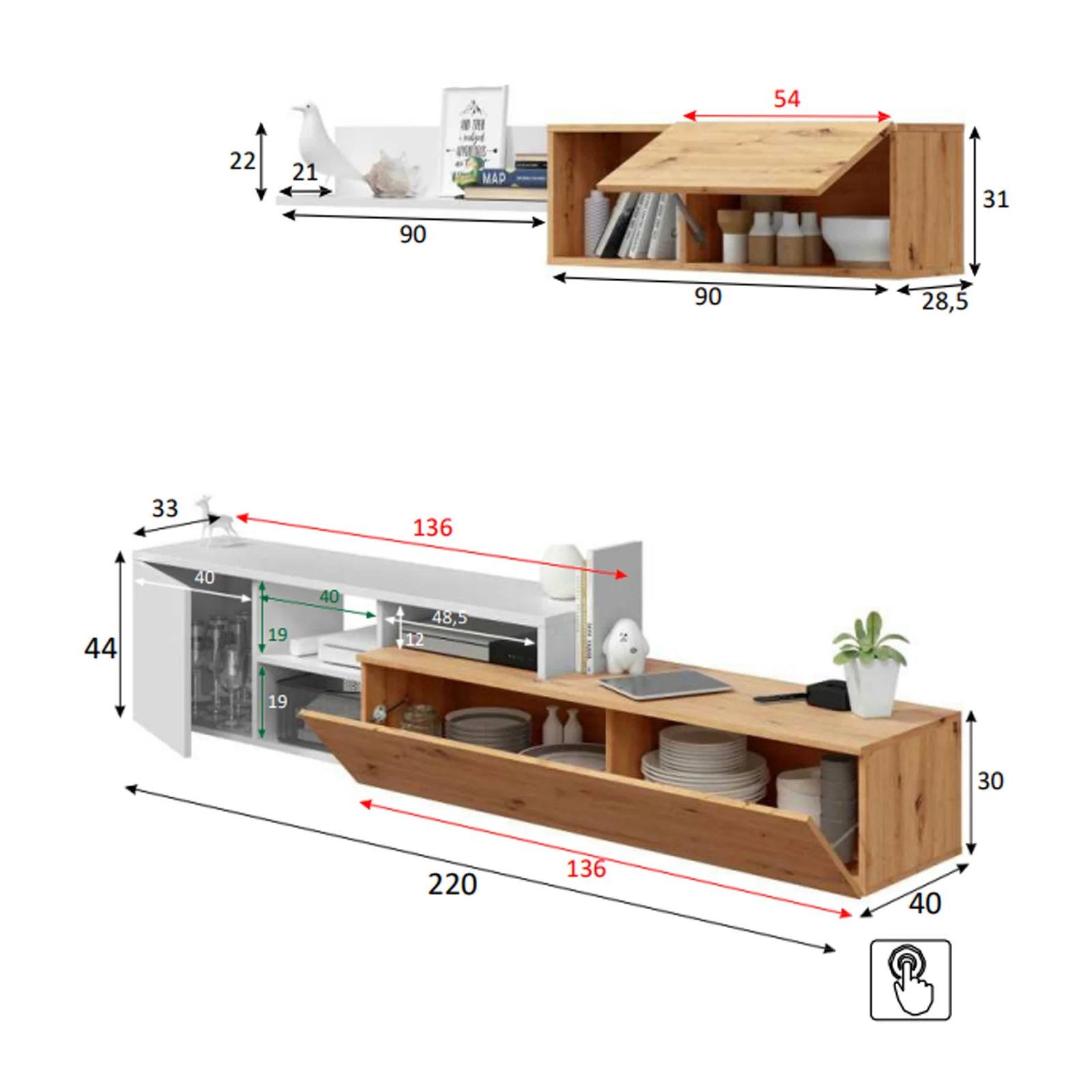 Parete attrezzata 220x135h cm soggiorno rovere bianco artico Patrol