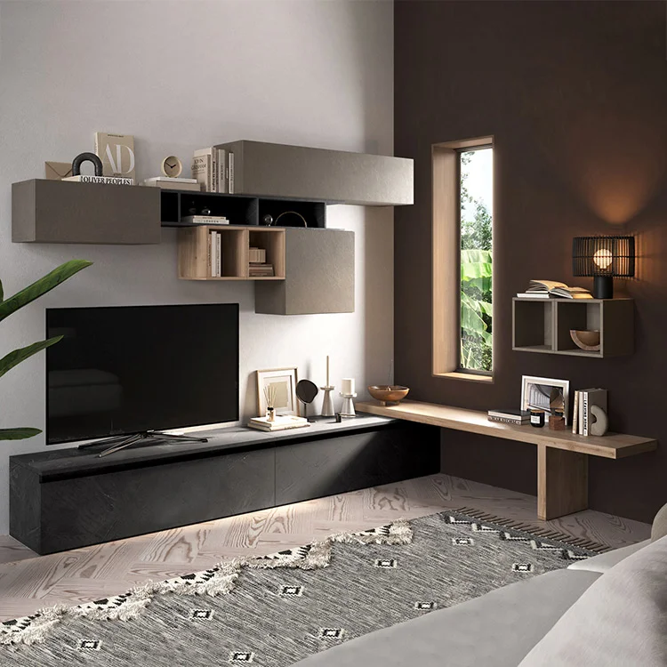 Parete attrezzata angolare 276x190h cm antracite tortora rovere Sunset 45