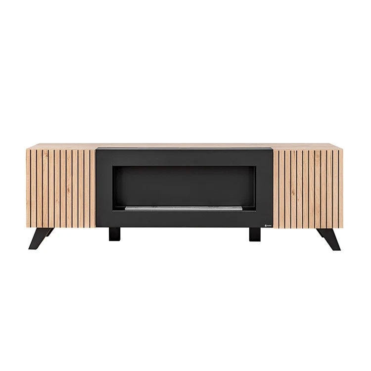 Parete attrezzata con biocamino 340x192h cm noce con stampa nera Mendes