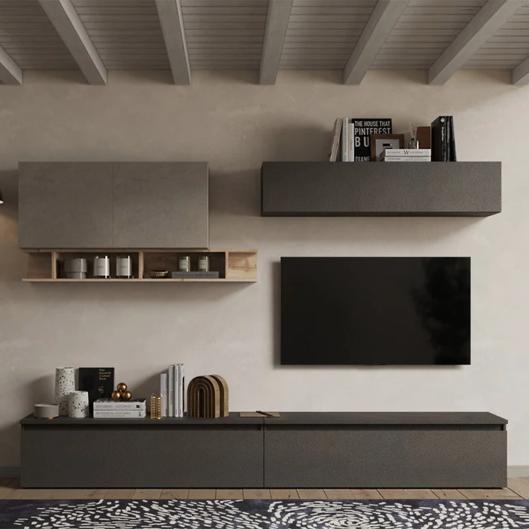 Parete attrezzata 276x190h cm design tortora rovere ossido nero Sunset 27