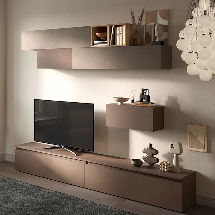 Parete attrezzata 276x190h cm design moderno tortora marrone rovere Sunset 42