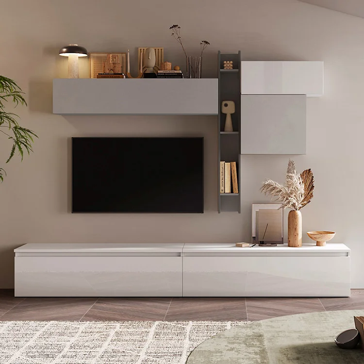 Parete attrezzata 276x200h cm design moderno grigio bianco lucido Sunset 29