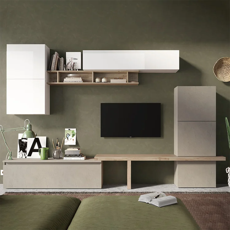 Parete attrezzata 320x195h cm design moderno tortora rovere chiaro bianco lucido Sunset 19