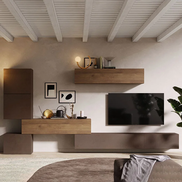 Parete attrezzata 340x185h cm design moderno marrone bronzo rovere scuro Sunset 14