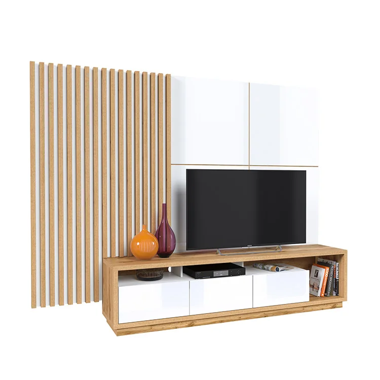 Parete attrezzata 251x196h cm moderna bianco lucido rovere Favorita