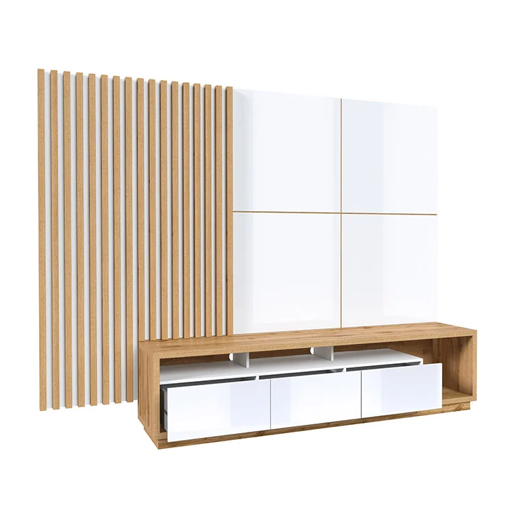 Parete attrezzata 251x196h cm moderna bianco lucido rovere Favorita