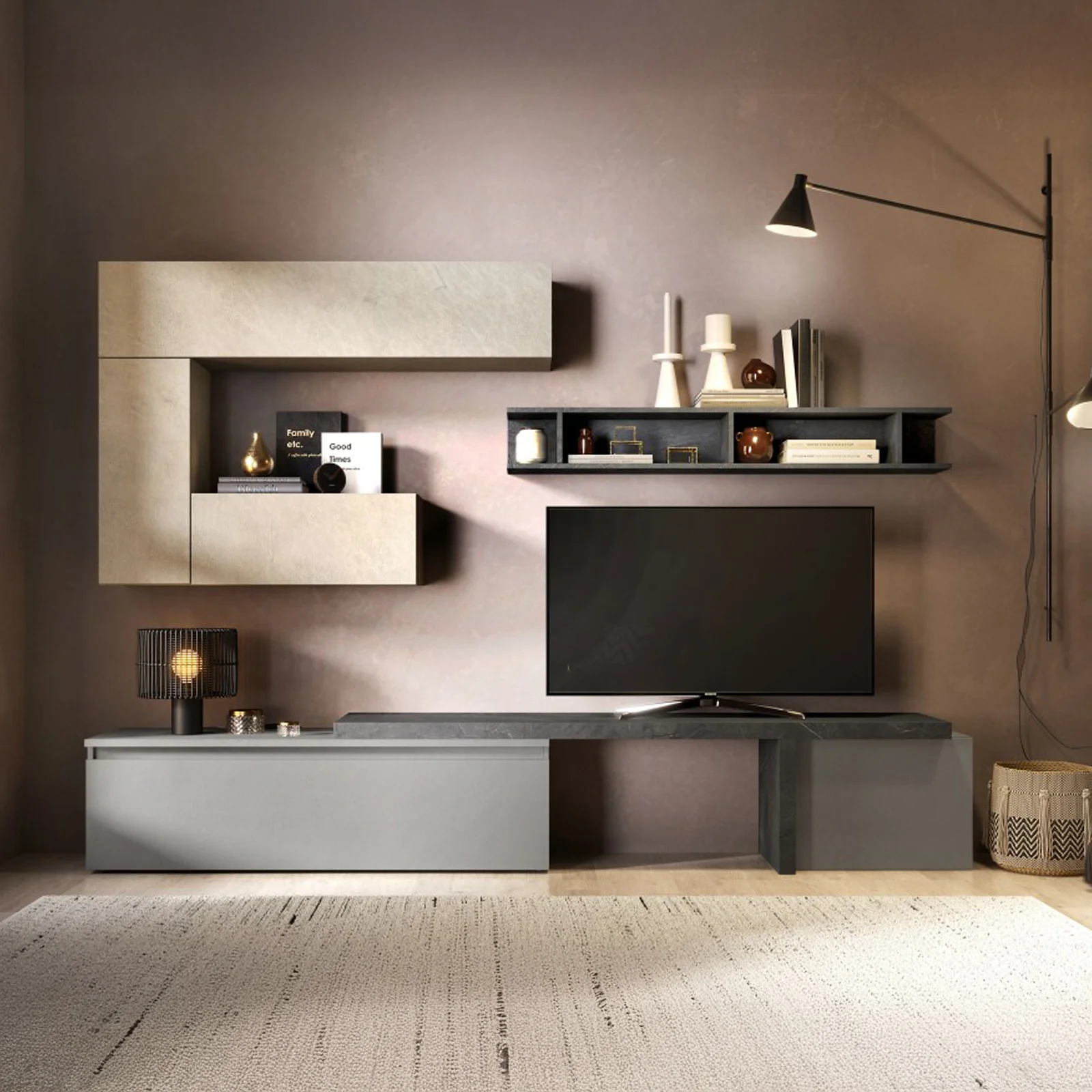 Parete attrezzata 260x190h cm moderna tortora antracite grigio Sunset 40