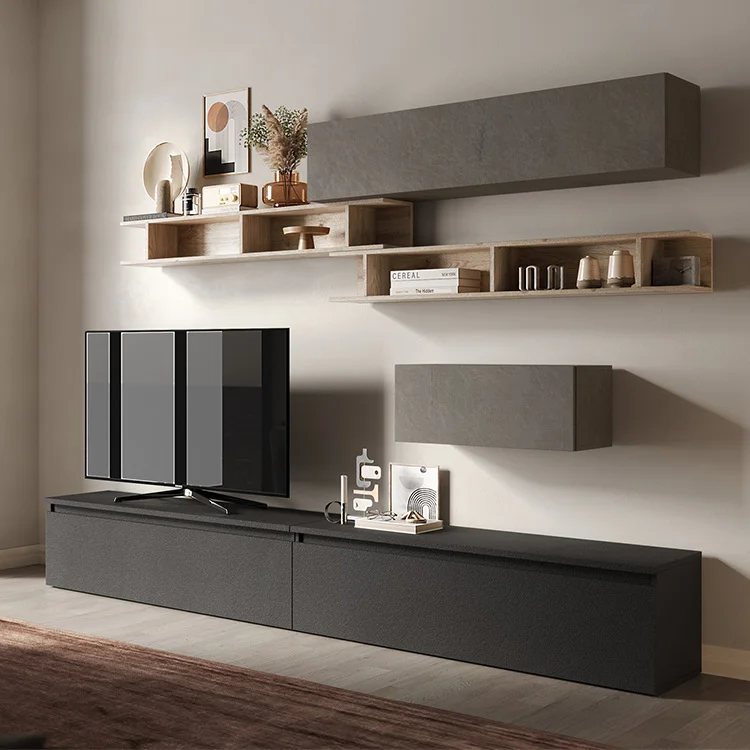 Parete attrezzata 276x190h cm moderna antracite rovere scuro Sunset 39